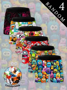 Men's Cartoon Graffiti Monster Pattern Boxer Briefs, Elastic Polyester Fabric, Soft Breathable, Gym Casual Streetwear, 4 Pack