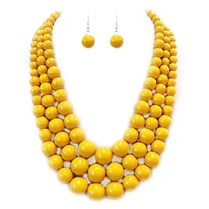 Multi Strand Simulated Pearl Necklace and Earrings Jewelry Set (Mustard Yellow)