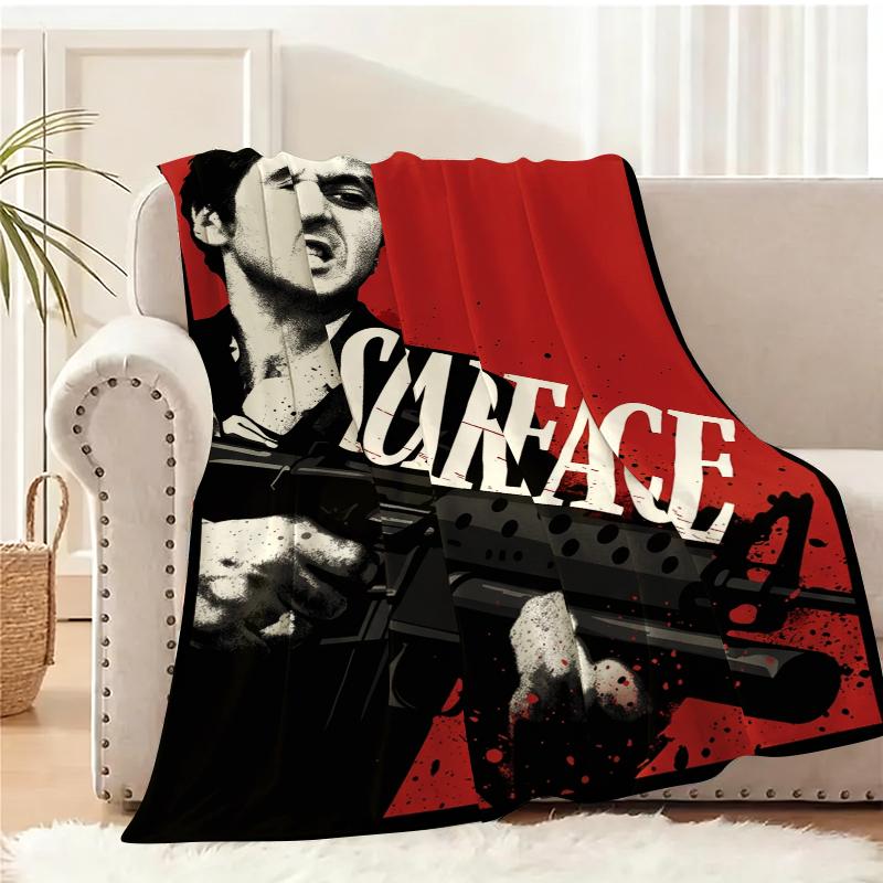 Scarface Tony Montana Fleece Throw Blanket, Al Pacino Classic Gangster Movie Graphic Plush Blanket, Red Black Splash Print, Cozy Soft Blanket For Movie Fans Couch Bed Home Decor
