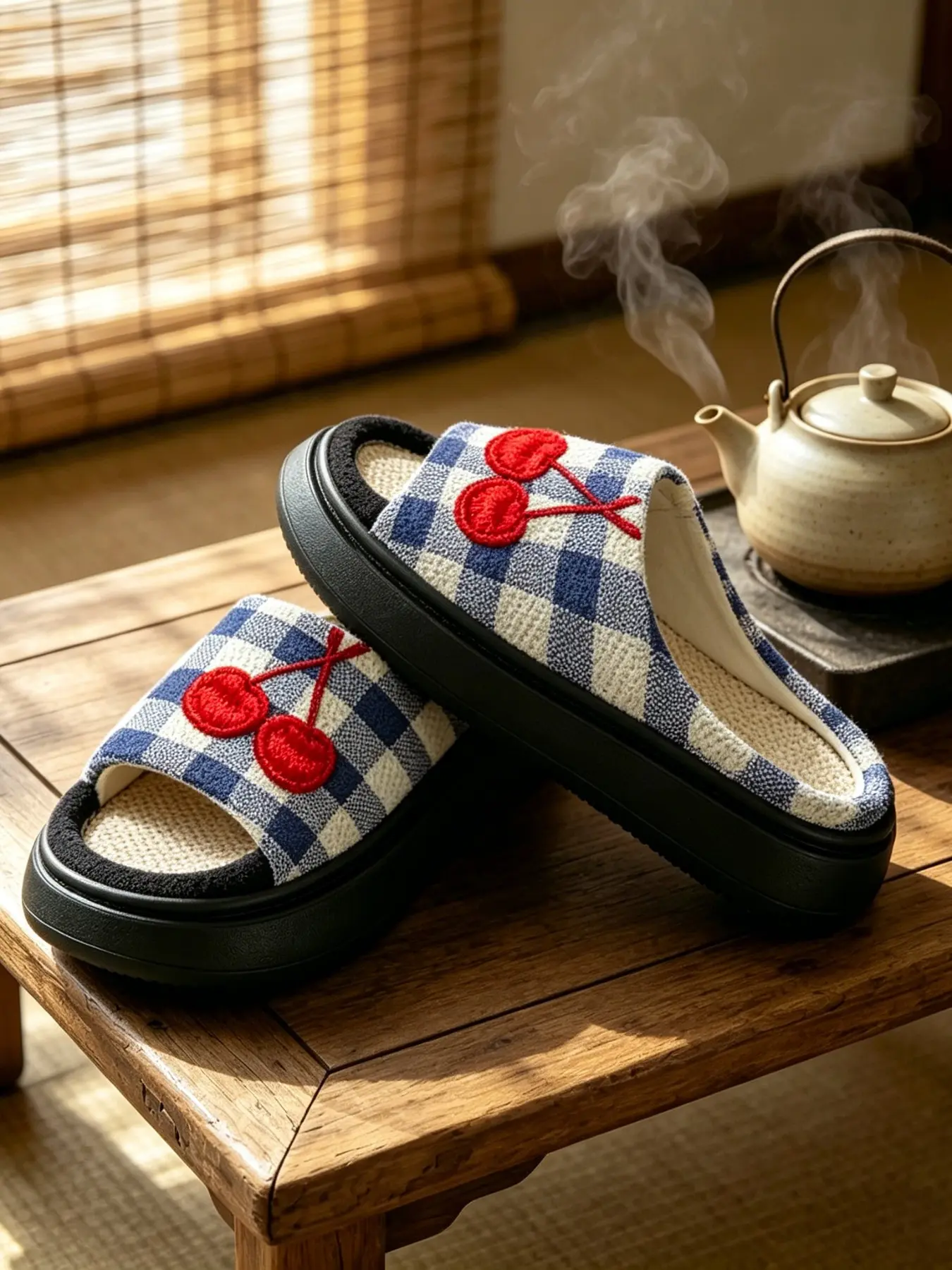 Blue Checkered Cherry Home Slippers, Waffle Breathable Insole, Thick Sole Women's Casual Sandals, Comfortable Indoor Footwear