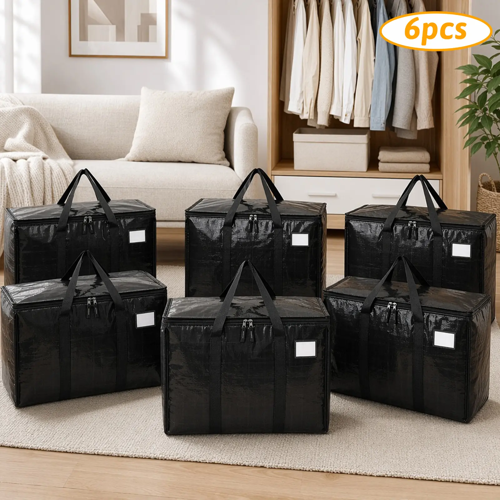 Extra Large Heavy Duty Moving Storage Totes 4 Pack, Waterproof Foldable Bags with Handles and Zippers, Perfect for College Dorm Moving Household Storage Black
