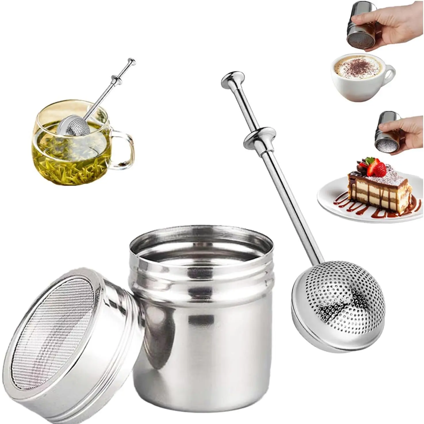 2 Packs Powdered Sugar Shaker Duster 304 Stainless Steel Powdered Sugar Shaker Duster Set, Powdered Sugar Duster for baking, Coffee, Sugar, Pepper, Flour