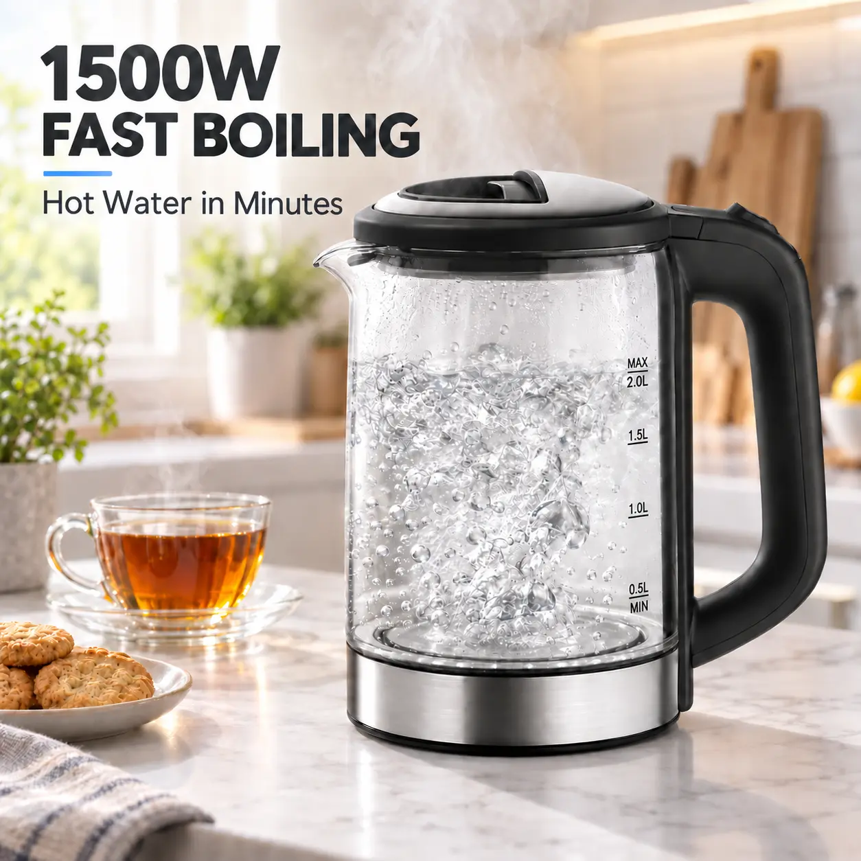 Toolupgrade Transparent Fast Boil Electric Kettle, 1.8L 1500W High Borosilicate Glass Body, Blue LED Light, Dry-Boil Protection, Cordless Power Base, Optional Tea Infuser