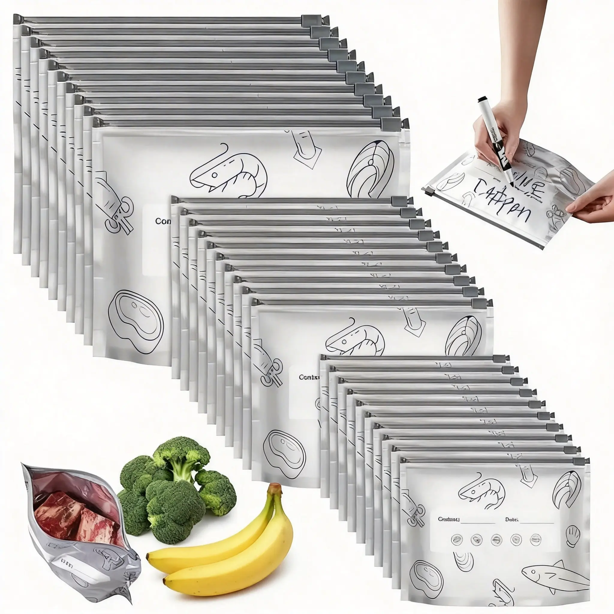 Sturdy Stand-Ups Multi-Size Thickened Foil Sealing Bags (30/60/90 Varied Packs) - Aluminum, Food Grade, Heavy-Duty, Puncture Resistant, Airtight, Resealable Zip-Lock, Washable Kitchen Preservers with Labels for Fridge Organization | Foodie Holiday Gifts
