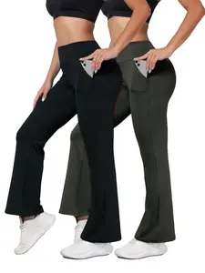 Two Pcs Women's Wide-leg Pants, Women's High-waisted Elastic Slimming Flare Yoga Pants Flared Sweatpants for Women，Curvy Enhancement Fitness Pants，Fitness Yoga Workout Wide-leg Pants, Casual Home-wear Plain Color Flared Pants