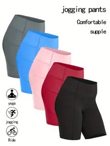 5pcs Women's High Waisted Butt-Lifting Yoga Shorts - Quick-Dry Slimming Breathable Workout Shorts with Pockets, Stretch Fabric for Fitness, Jogging, Daily Wear - Black/Dark Gray/Blue/Pink/Burgundy, Workout Accessories