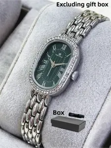 Women's Silver Color Exquisite Watch Dial Luxury Stainless Steel Diamond Oval Quartz Analog Wristwatch Metal Strap Waterproof Gift