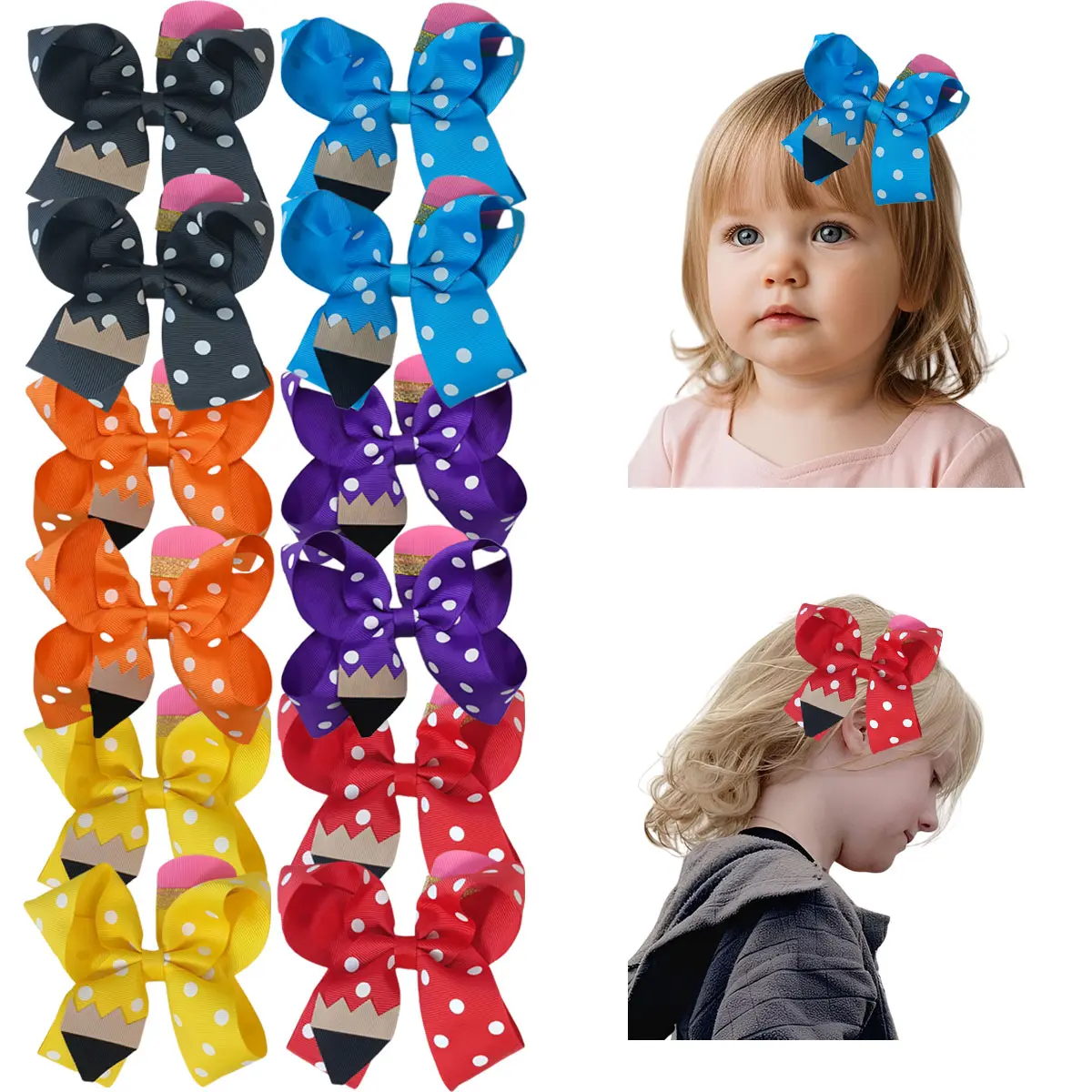 JoyBowie 12pcs Back to School Pencil Hair Bows for Girls, Polka Dot Grosgrain Ribbon Bow Hair Clips, Cute School Theme Hair Accessories with Alligator Clips, Toddler Kids Ponytail Barrettes for Kindergarten & Elementary School