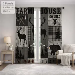 2Pcs Rustic Woodland Animal Deer Bear Plaid Patchwork Sun Blocking Curtains Digital Printed Rod Pocket, Window Treatment For Bedroom Office Kitchen Living Room Study Home Decor