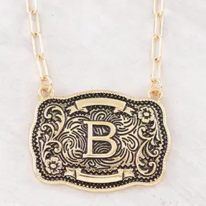 Initial Buckle Gold Colored Pendant Necklace Approx 18" Chain with 1.5" x 1" Pendant & Lobster Claw Closure with Extending Hooks