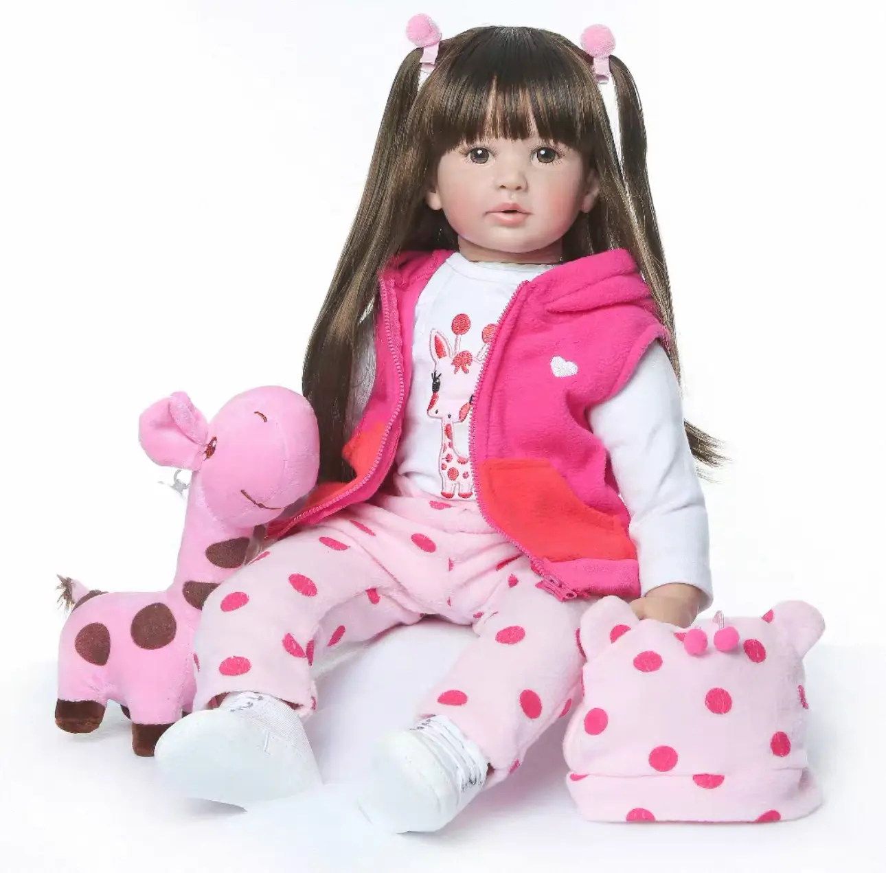 Lifelike Reborn Toddler Doll 55cm Brown Double Ponytail Girl Doll Complete Pink Clothes Set Stuffed Giraffe Companion Toy Birthday Present for Children