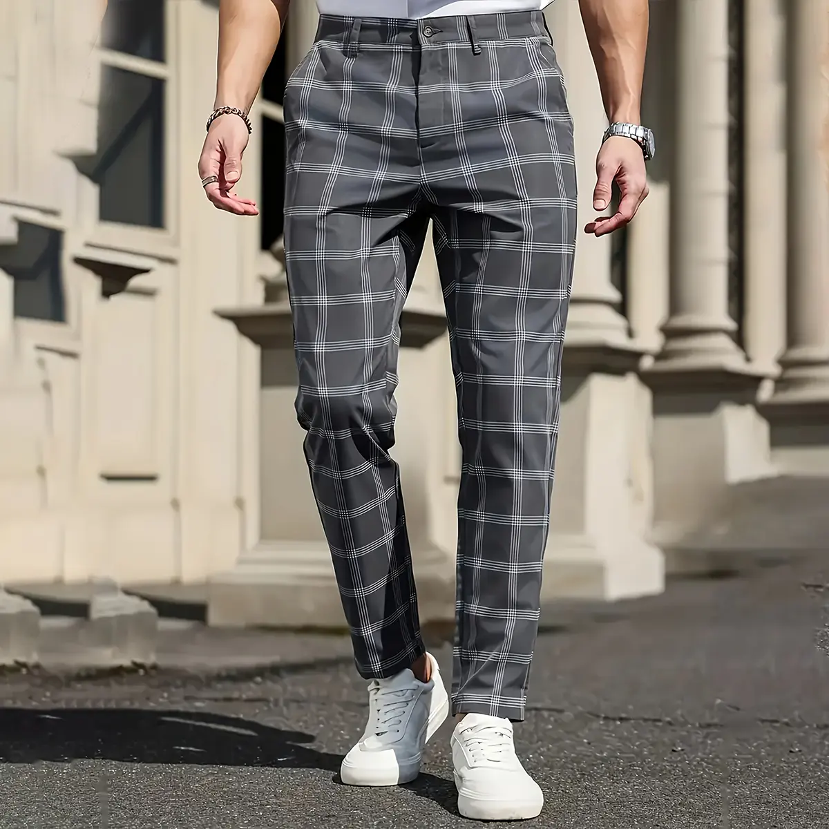 Men’s Black Plaid Slim-Fit Chino Trousers - Body-Fitting, Form-Fit Casual Menswear Pants for Semi-Formal Smart Casual, Office Outfits, Body-Fitting Men's Pants, Casual Men's Pants
