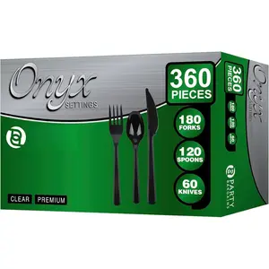 Onyx Settings Black Plastic Cutlery Set 360- - 180 Forks, 120 Spoons, 60  - Heavy-Duty Disposable Utensils for Parties, Weddings, Buffets, BBQs & Catering -