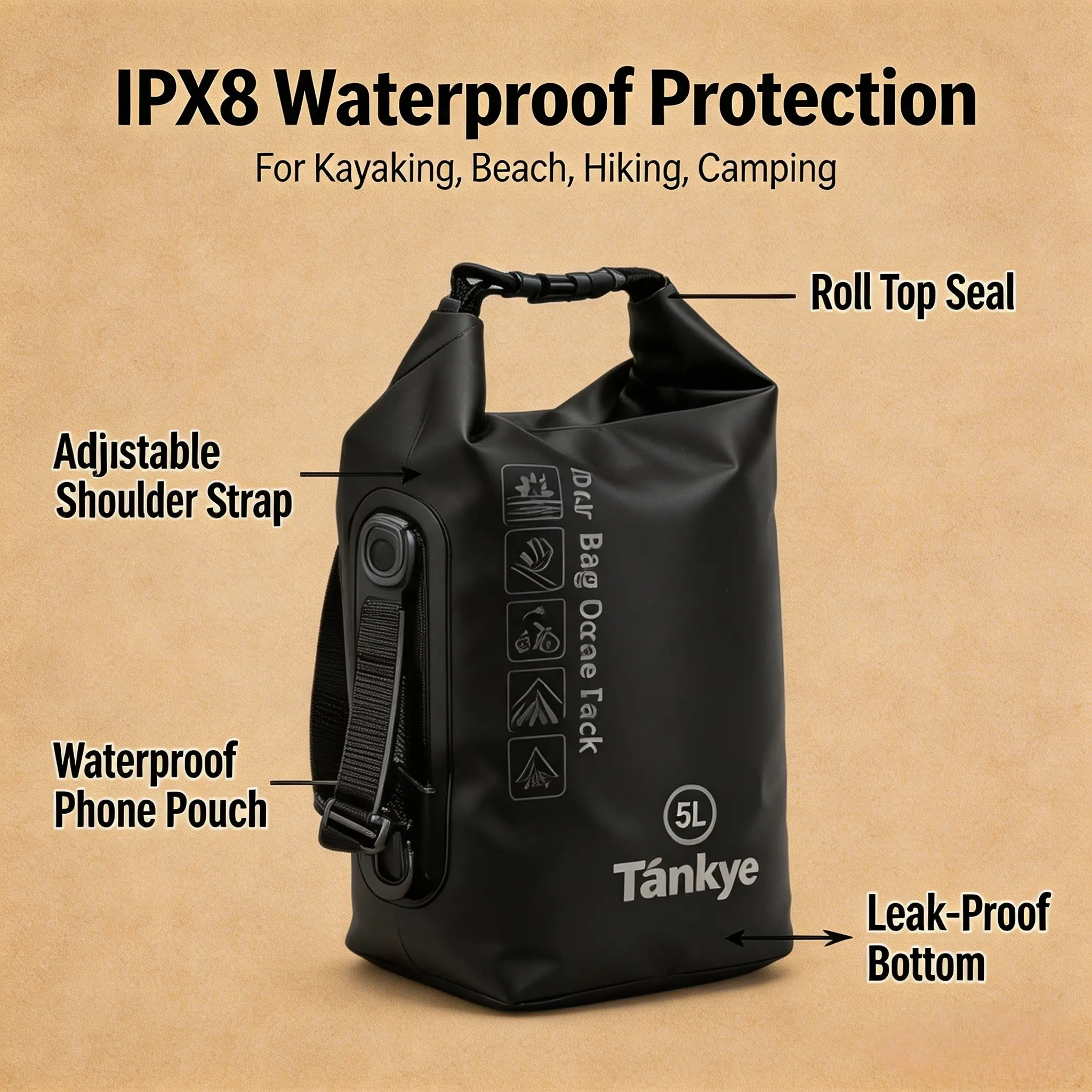 Tankye 5L IPX8 Submersible Dry Bag, Roll-Top Anti-Leak Backpack with Adjustable Straps, Bonus Waterproof Phone Case, Lightweight Sack for Kayak, Camping,Waterproof Phone Bag with Rope Strap