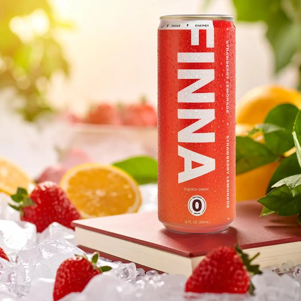 FINNA Clean Energy Drink – Lightly Carbonated, Less Preservatives, Low Calorie Formula for Focus & Vitality, No Jitters, Zero Sugar Energy Drinks for Productivity - Strawberry Lemonade
