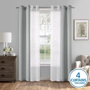 Mainstays Embroidered Curtain Panels, Set of 4, Grey, 27.5" W x 84" L