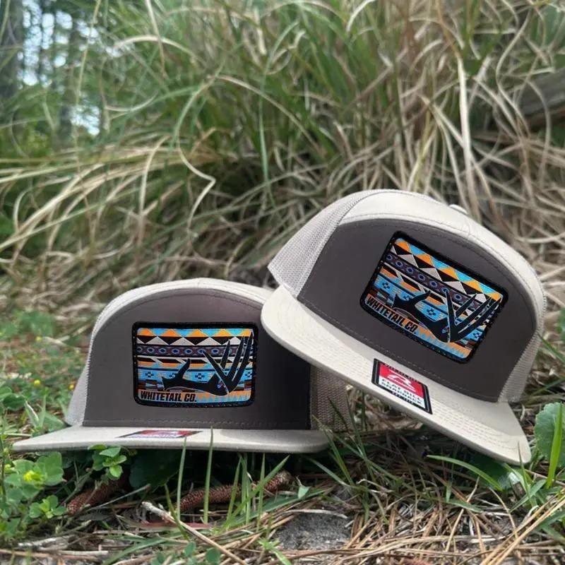 Azteca Whitetail Deer Antler Embroidery 7 Panel Trucker Cap Flatbill Mesh Snapback Outdoor Angler Performance Camo Hat for Men and Women Bottomland Camo Black White Brown Unisex Fitted Cap