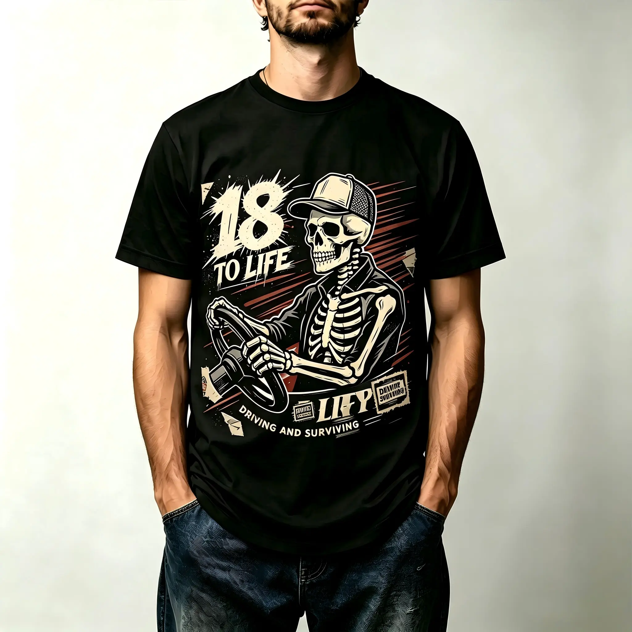 Blue Collar Long Haul Trucker 18 To Life Skeleton Truck Driver Graphic T-Shirt Gift For Trucking Fans Hard Working Freight Tradesman Men Heavyweight Breathable Cotton Unisex Oversized Crew Neck Short Sleeve Work Tee Streetwear