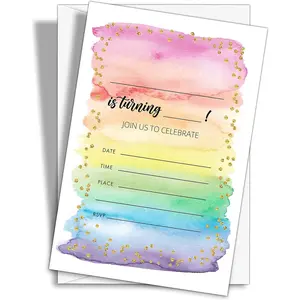 Colorful Rainbow Birthday Party Invitations, 20-Count Watercolor Rainbow Glitter Birthday Invites With Envelopes