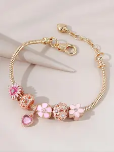 Women's Cute Rhinestones Flower Decorated Link Fashionable, 1 Piece Heart Charm Alloy Jewelry for Women, Classic Fashion Accessories for Daily, Holiday Birthday Gifts for Women and Girls, Flower Design Bracelet
