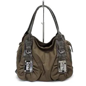 Leatherette Alligator Strap Buckle Decorated Tote Handbag Bag Charcoal Brown