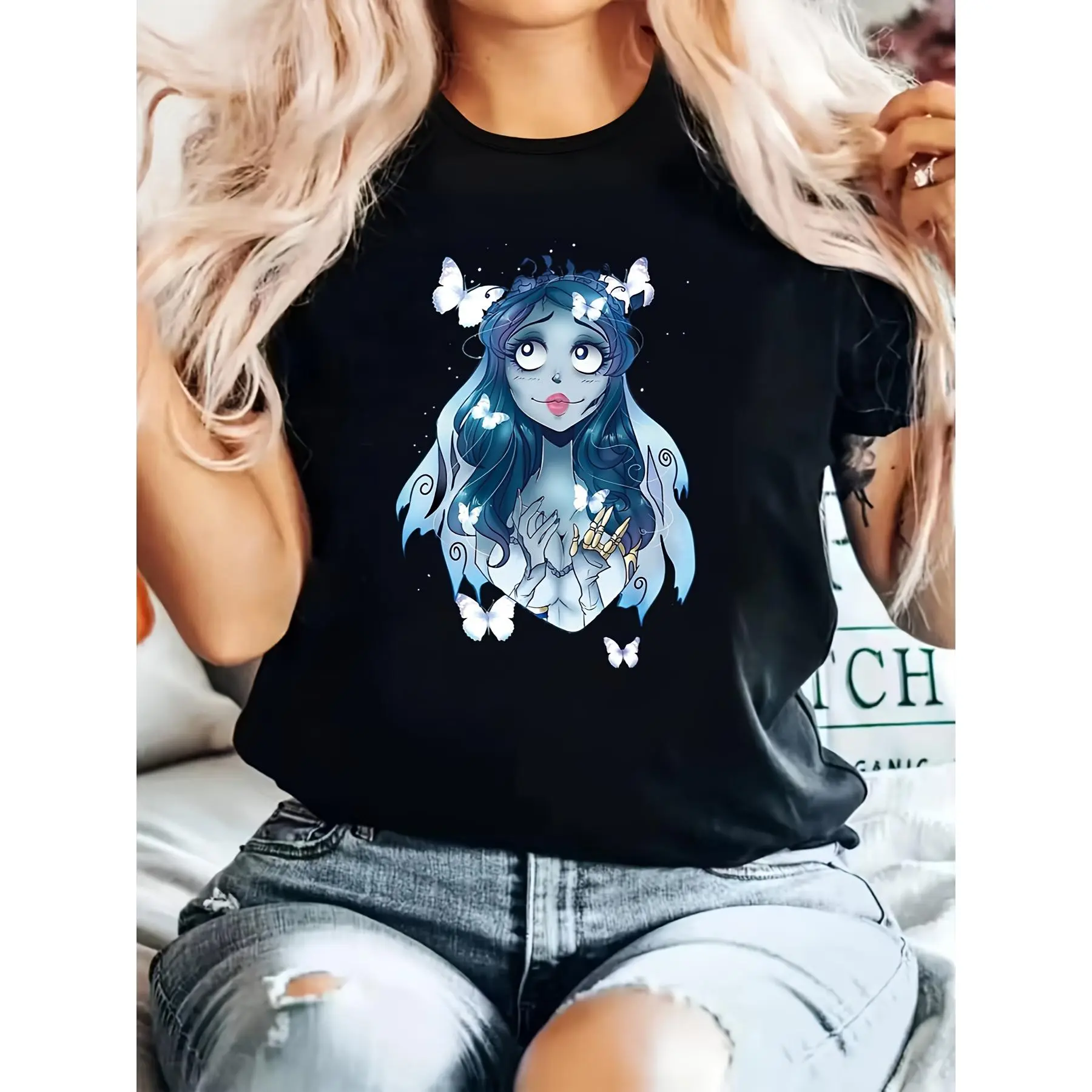 Women's Corpse Bride Graphic T-Shirt, Casual Loose Fit Basic Top, Short Sleeve Crew Neck Undershirt in Stretchy Polyester