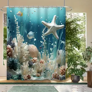 Blue Coral Print Shower Curtain Set with Non-Slip Mat, Toilet Lid Cover, Bath Rug, Hooks, Bathroom Accessories, Home Decor