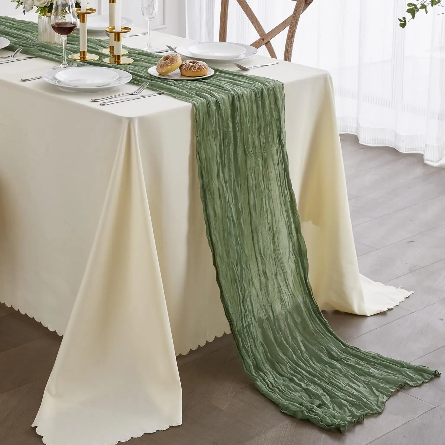 Sage Green Fabric Cheese Cloth Table Runner - 35x160in Rustic Boho Table Centerpiece, Hand Washable Tableware Accessory for Weddings, Party Decorations
