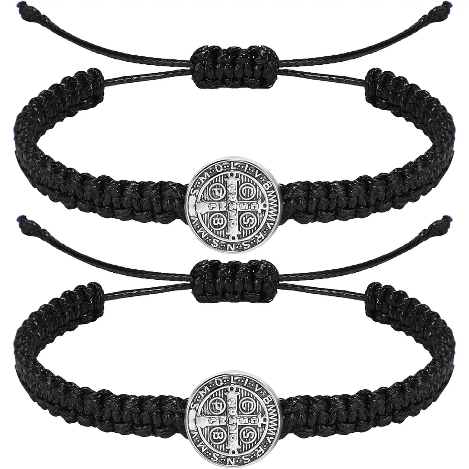 Unisex Adjustable Handmade Paracord Bracelets - 2-Pcs with Saint Benedict Medal Religious Jewelry, Handmade Bracelet Gifts for Anniversary, Valentine, Holiday Presents (Unisex Names Inclusive), Aluminum Alloy, Holiday Gift, Saint Medal, Set Of Two