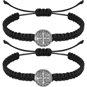 2 Pcs Catholic Bracelets Saint Benedict Medal Gifts Adjustable String Bracelets Religious Gifts for Men Women Birthday Holiday