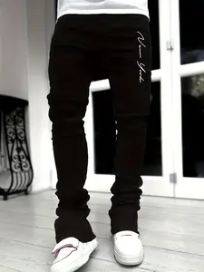 Men's Regular Fit Letter Print Flare Leg Jeans, Street Fashion Casual Comfy Denim Pants for Daily Wear, Mens Bottoms for All Seasons