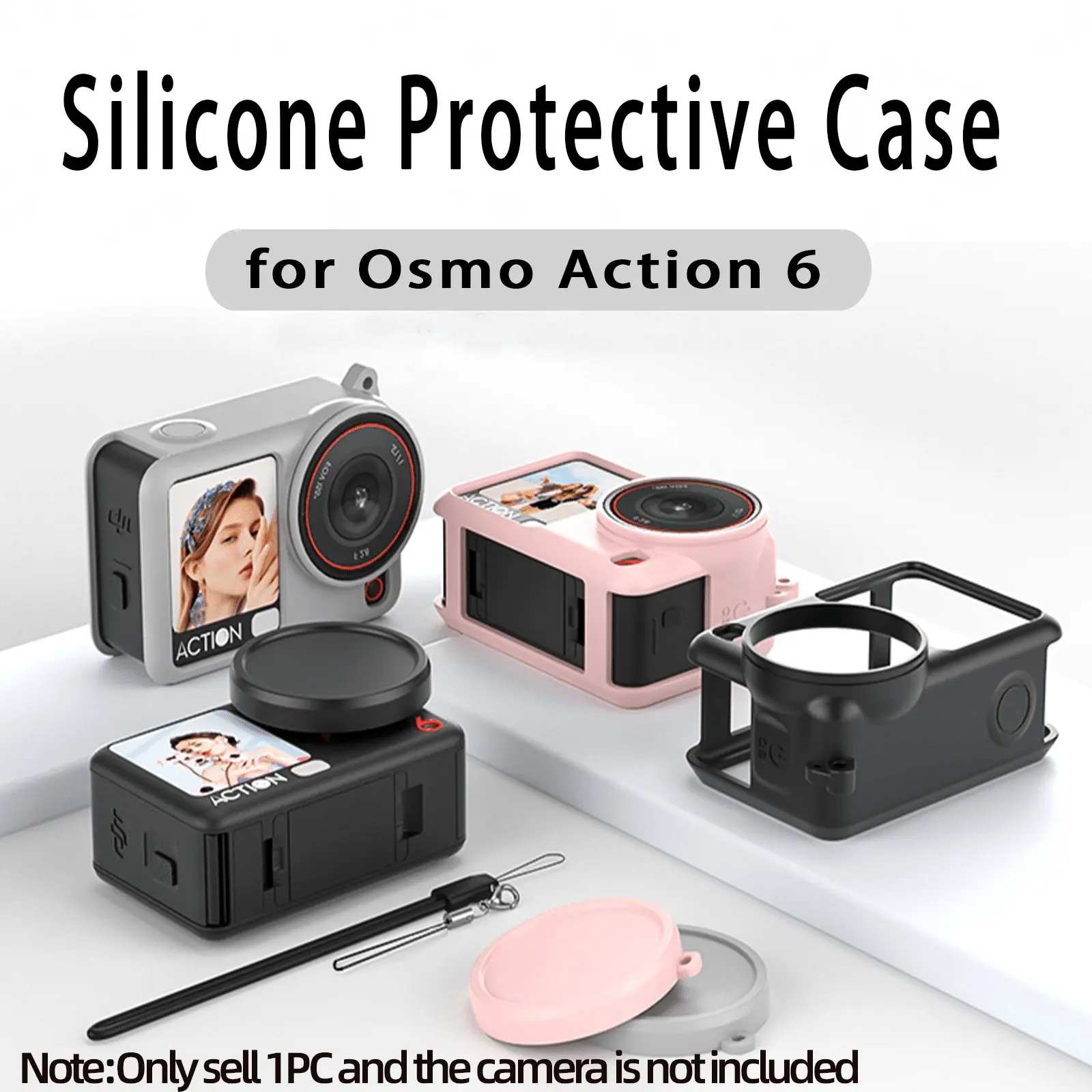 for DJI Omso Action 6 Silicone Protective Case, Photography Camera Accessories, Sports Camera Accessories, Black, for Holiday Travel, Outdoor Sport, Screen and Lens Protector, Free Lens Cap Anti-Lost Lanyard & Wrist Strap