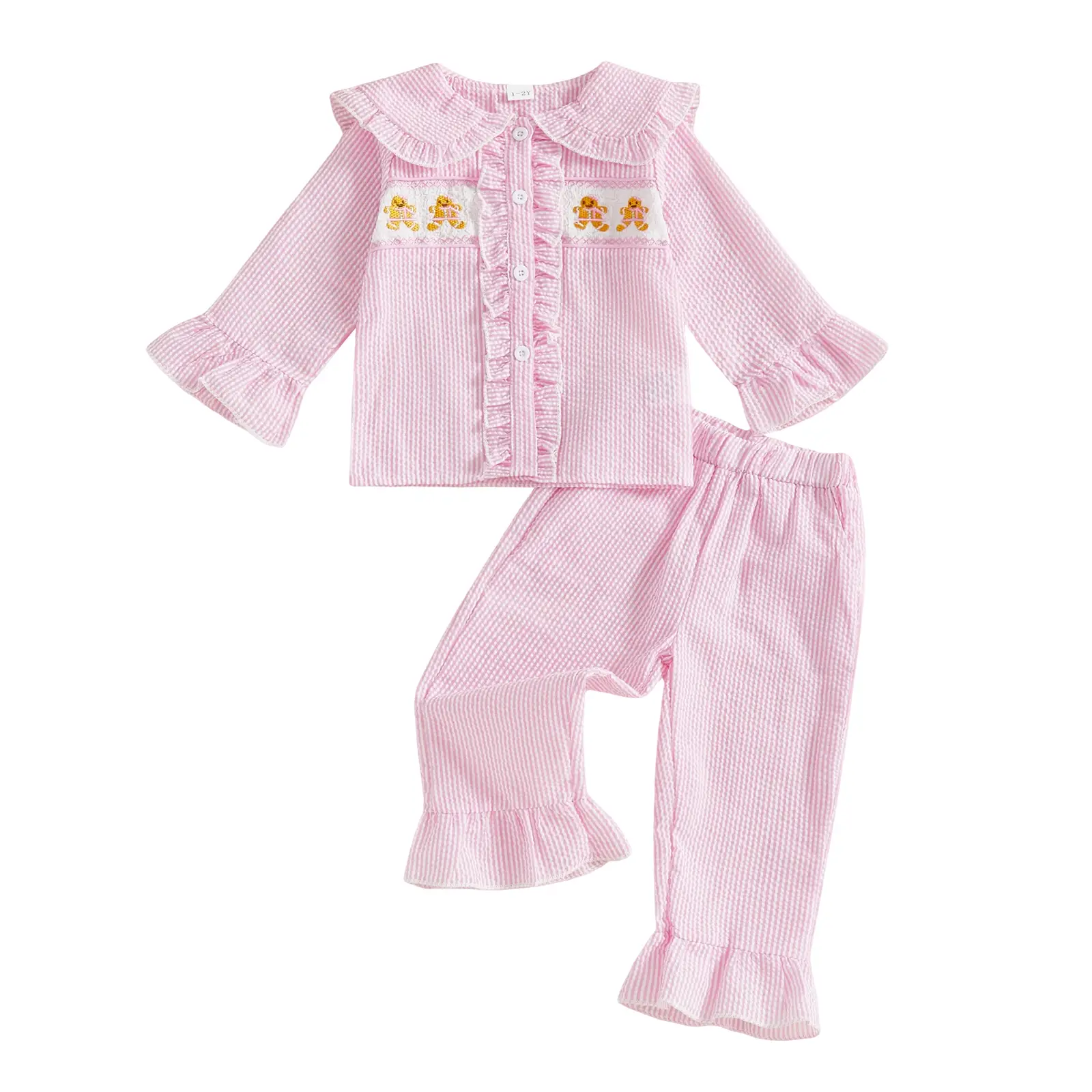 Kids Toddler Girl Christmas Two Piece Pajamas Set Ruffled Collar Gingerbread Stripes Long Sleeve Shirt Tops and Pants Sleepwear Pjs Set