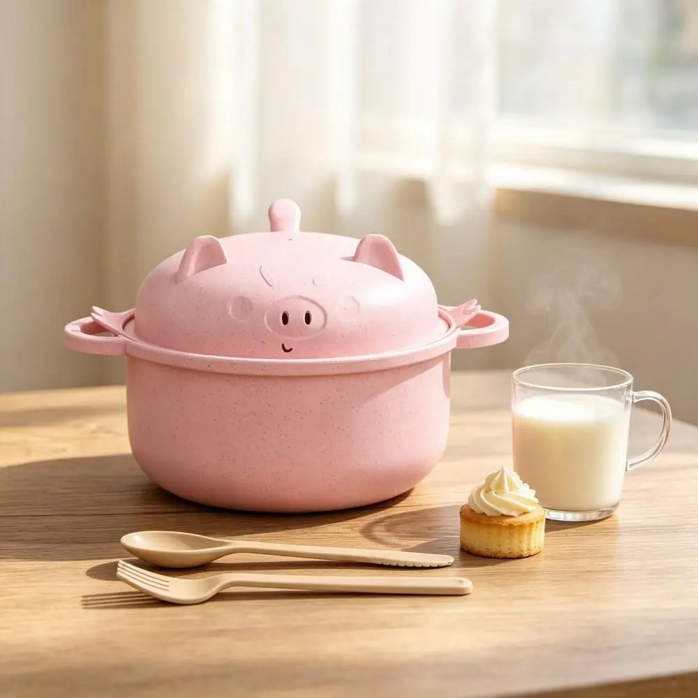 Filter Lid Wheat Straw Microwavable Bowl, Portable Multi-Purpose Tableware for Camping and Household Dining(Pig-Pink）