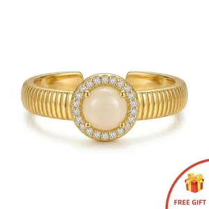 Vintage Round White Stone Halo Open Ring, Retro Ribbed Band Statement Ring, Perfect Gift for Her