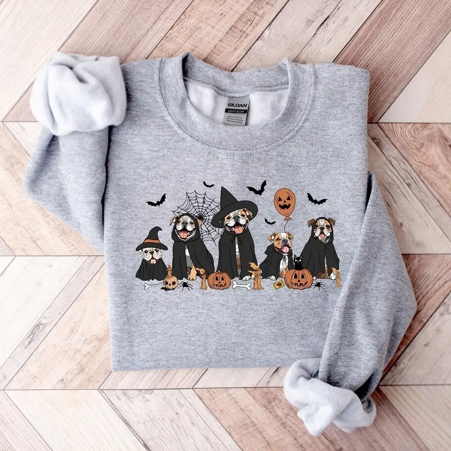 Bulldog Halloween Sweatshirt, Ghost And Witch Bulldog Sweatshirt, Bulldog Shirt, Dog Lover Gift, Ghost Dog Shirt, Halloween Gift, Cozy Crewneck