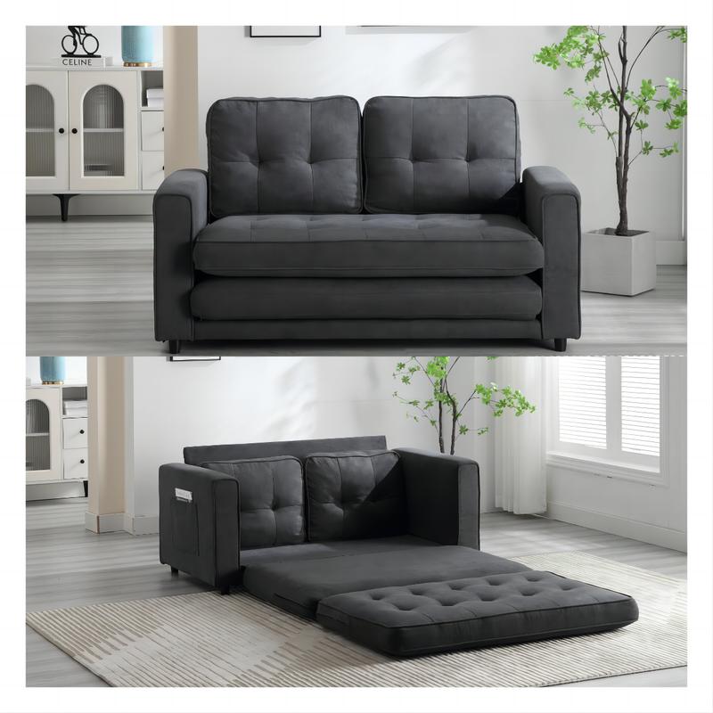 3 Fold Sofa,Convertible Futon Couch sleeper sofabed,Space saving loveseat,Pull Out Couch Bed for Living Room,Dark Gray, Velvet linen fabric