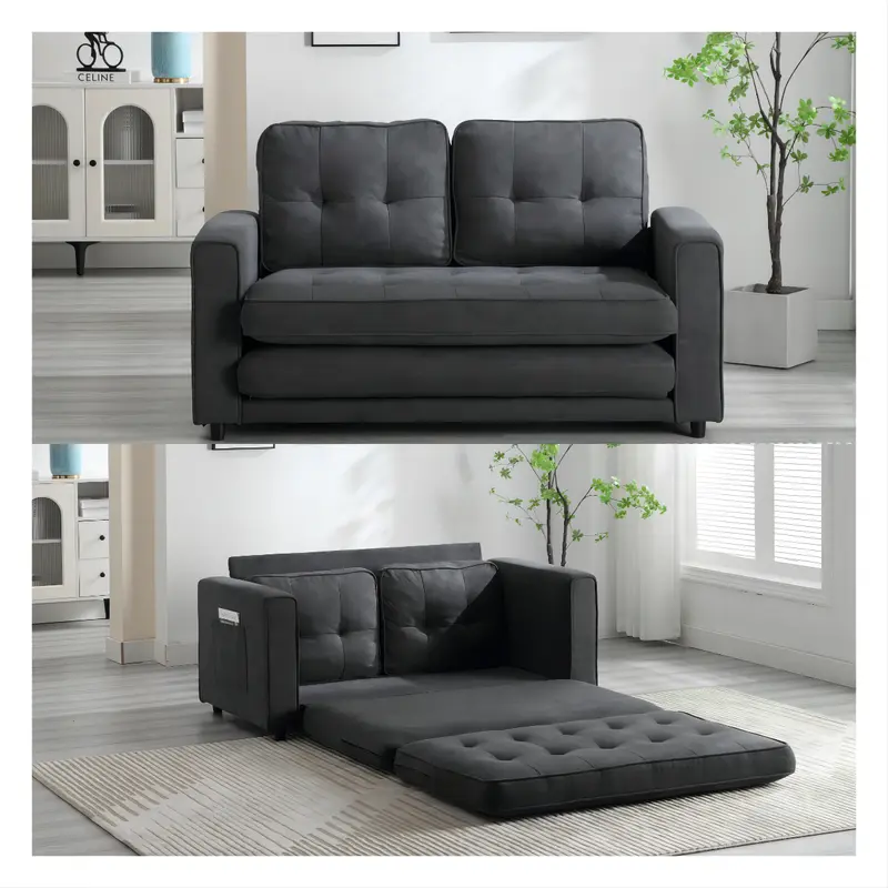 3 Fold Sofa,Convertible Futon Couch sleeper sofabed,Space saving loveseat,Pull Out Couch Bed for Living Room,Dark Gray, Velvet linen fabric