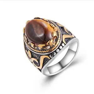 Men’s Tiger Eye Statement Ring, Large Oval Cocktail Ring, Bold Biker Jewelry Gift for Him, Gold-Tone, Perfect for Everyday Style & Special Occasions chain faith  ring western jewelry nugget ring promise rings mariah oval cut ring rings for men