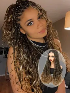 Lehanhair Synthetic Lace Front Wig, Boho Curly Ends, Colorful Braids, Baby Hair, Extra Long, for American Women Daily Use, Lace Braiding Wig