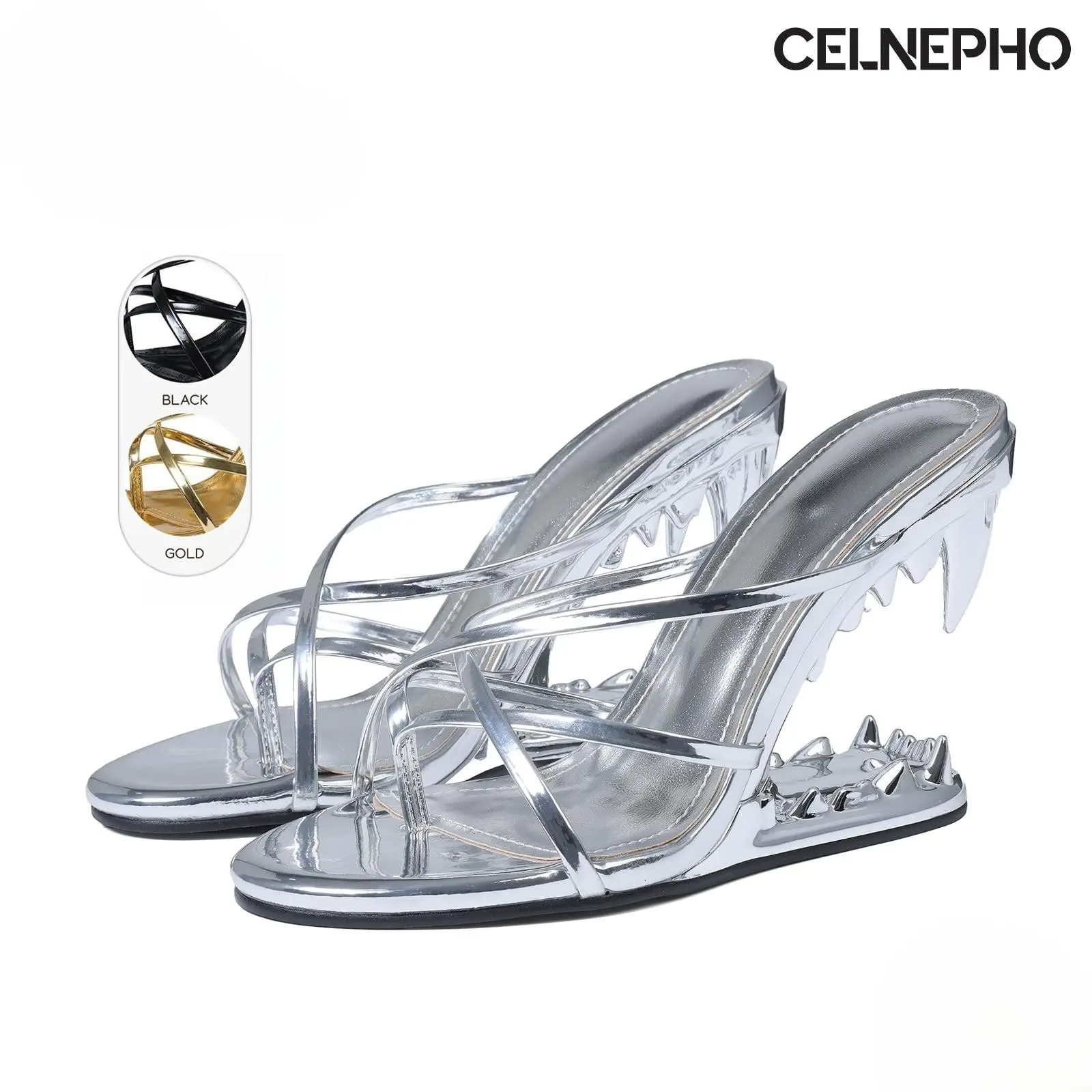 CELNEPHO Heeled Sandals for Women Summer Sandal Open Round Toe Morso Sandals Metallic Shark Heel Crossed Strap Design Easy Slip on Fashionable Tiger Teeth Flip Flops Thong Mules Dressy Party Wedding Clubbing Dress Shoes