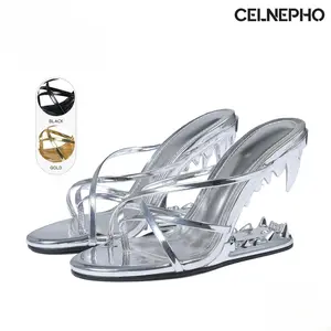 CELNEPHO Heeled Sandals for Women Summer Sandal Open Round Toe Morso Sandals Metallic Shark Heel Crossed Strap Design Easy Slip on Fashionable Tiger Teeth Flip Flops Thong Mules Dressy Party Wedding Clubbing Dress Shoes