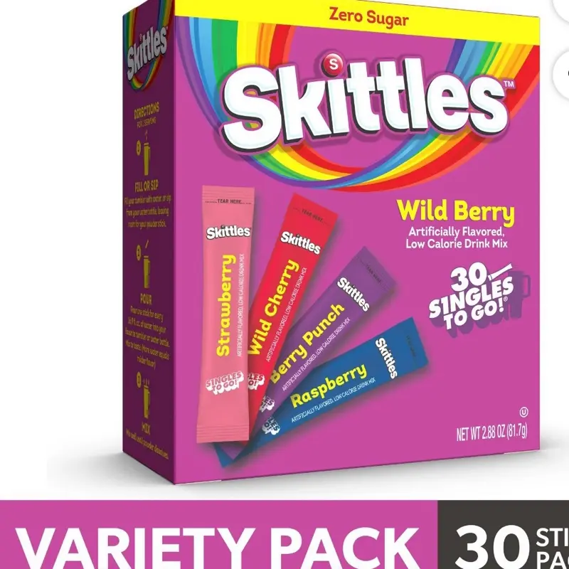 Skittles Zero Sugar Wild Berry Singles-to-Go Packs, Powdered Drink Mix, 2.88 oz, 30 Count Packets