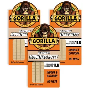 Gorilla Mounting Putty, Natural Tan Color, 84 Pre-Cut Squares (Pack of 3) - Non-Toxic Removable & Repositionable Wall Putty
