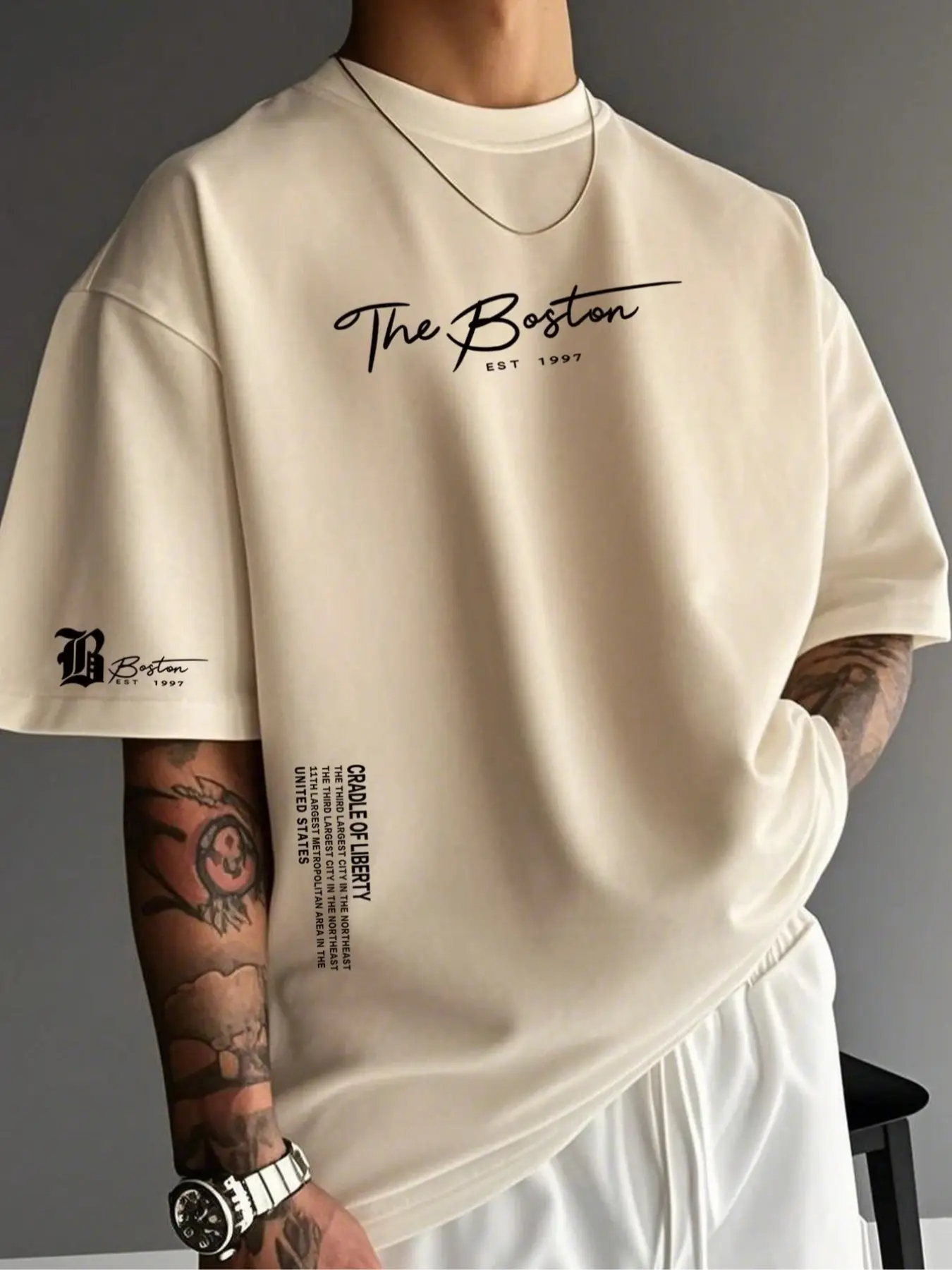Trendy Oversized Fitted Graphic Crewneck Man T-Shirt - Boston EST 1997 Print, Streetwear Y2K Aesthetic Retro Casual Fabric Tee for Daily Style Graphic Printed Tee