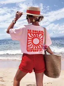 Women's Milk Silk Fabric Soft Breathable Silky Sun Print Light Large Loose Round Neck T-Shirt, Summer Casual Versatile Moto Print