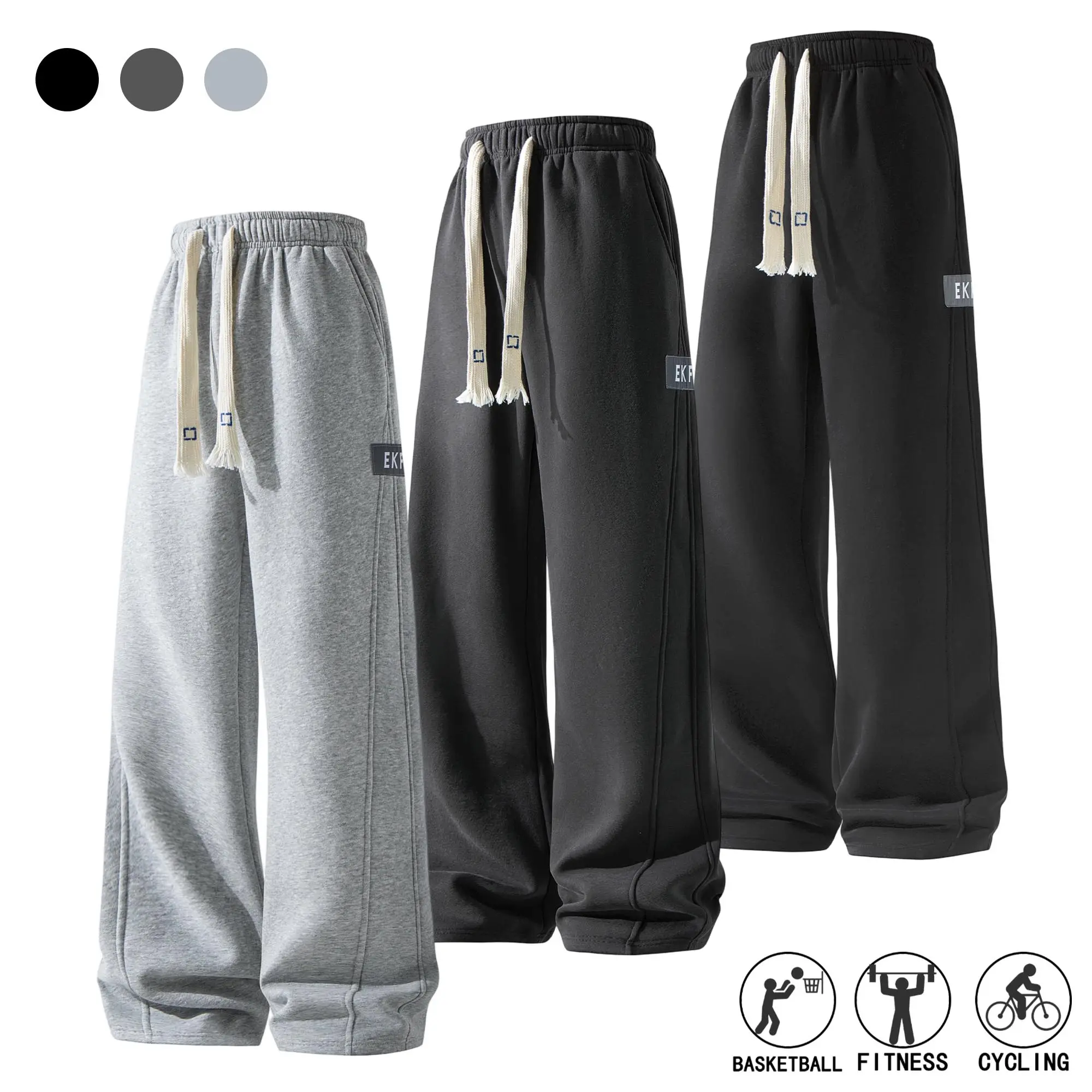 Men’s Solid Cotton Blend Loose-Fit Trousers, Casual Athletic Wide-Leg Sweatpants with Multiple Pockets, Adjustable Drawstring Elastic Waistband, Suitable for Everyday Wear & Commuting