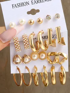 24pcs Elegant Imitation Pearl Earrings Set with Sparkling Imitation Rhinestones, Stylish Geometric Square and C-Shaped Hoop Design for Daily and Party Wear, Stud Earring, Hoop Earring Sets, Jewelry Accessories