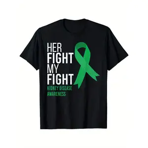 Men's Kidney Disease Awareness 100% Cotton Oversize Double Print T-Shirt - Round Neck, Short Sleeve, Green Ribbon Graphic, Vintage Metalcore Style, Casual Sporty Fit, Machine Washable, S-XXXL Sizes, Ideal for Daily & Outdoor Wear Black Shortsleeve