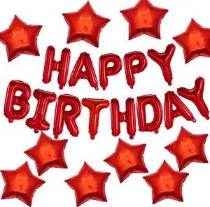 Big Happy Birthday Banner (3D Red) Mylar Foil Happy Birthday Balloons, Red Happy Birthday with 10 Red Stars